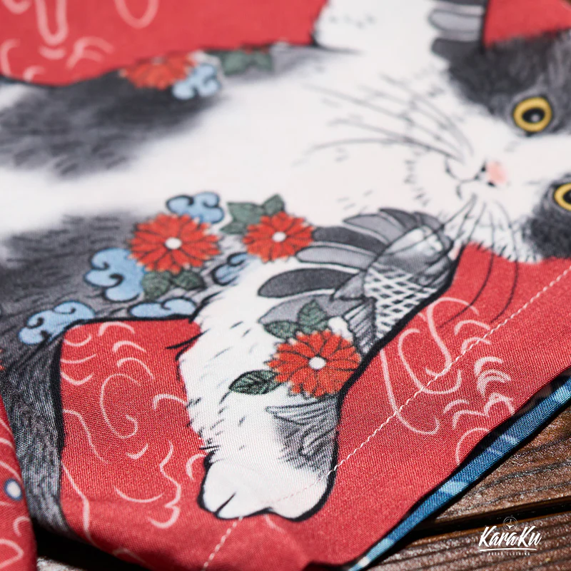 「KaraKux365CAT.ART」神奈川沖浪裏・サーフィンするタトゥー猫 アロハシャツ - Image 8
