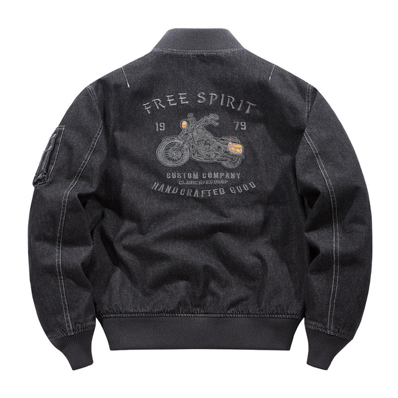 ユーズド加工　裏もみじ柄 バイク刺繡デニムフライトジャケット - Image 9