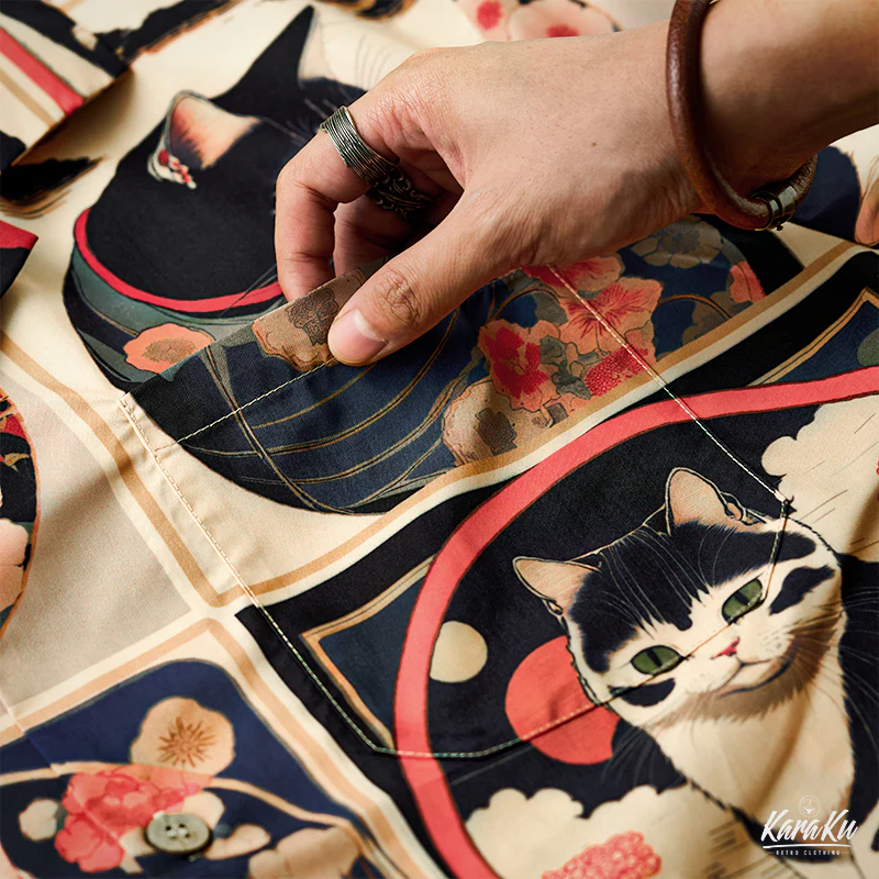明治時代の猫 総柄 浮世絵風アロハシャツ　 - Image 13