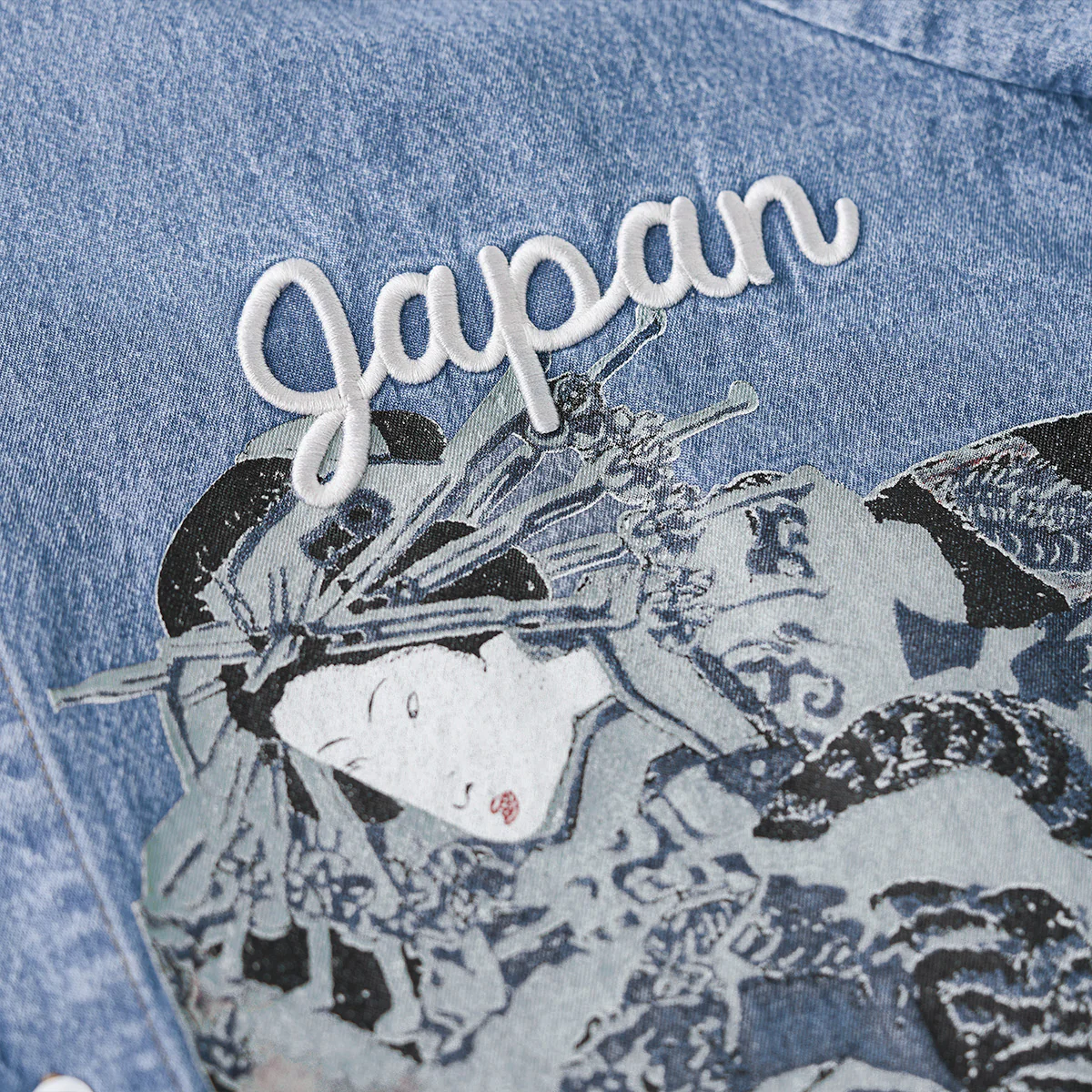 浮世絵プリント＆立体刺繍入り　ループ付きベースボールカラーデニムシャツ - Image 13
