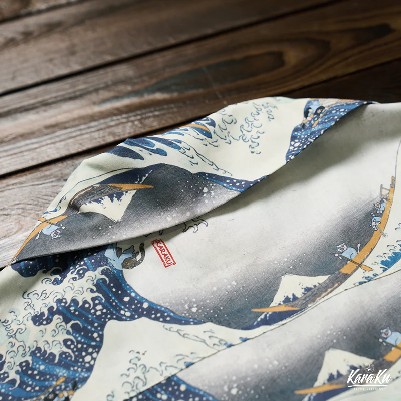 「神奈川沖浪裏・波乗りの猫と犬」浮世絵風アロハシャツ - Image 19