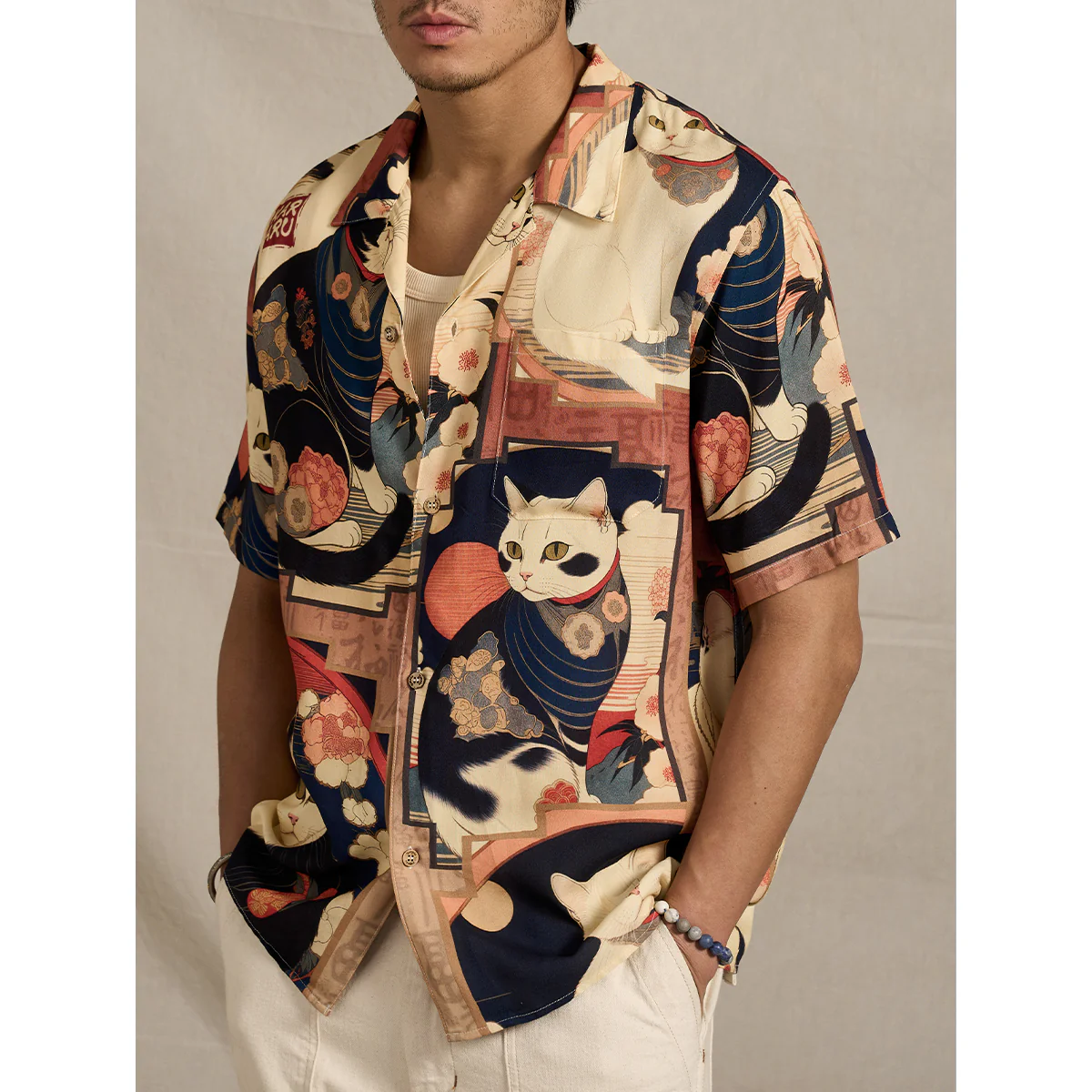 「明治時代・猫」浮世絵風総柄プリント入りアロハシャツ - Image 8