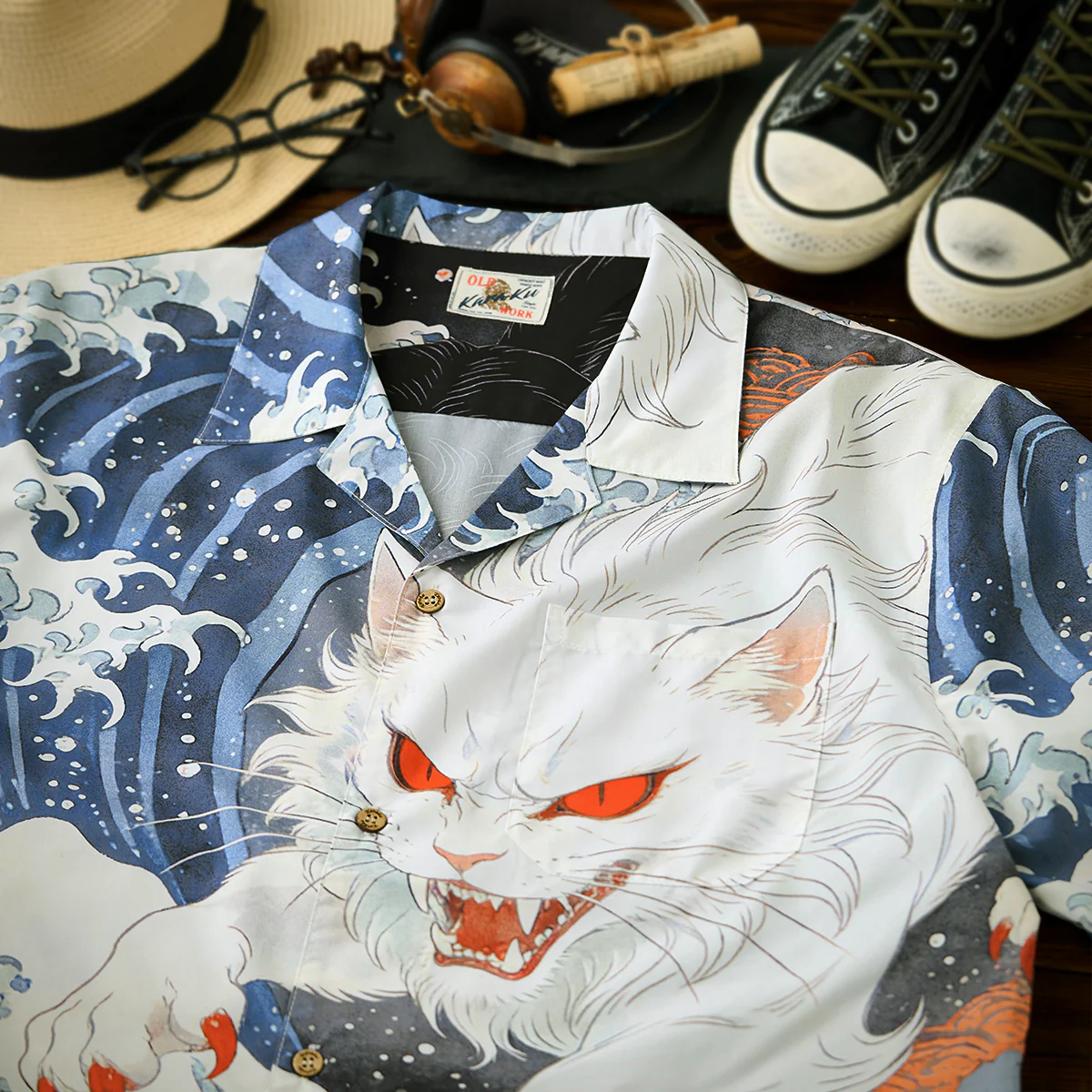 「沖浪裏・踏波化け猫」前後アシンメトリープリントオープンカラーシャツ - Image 6